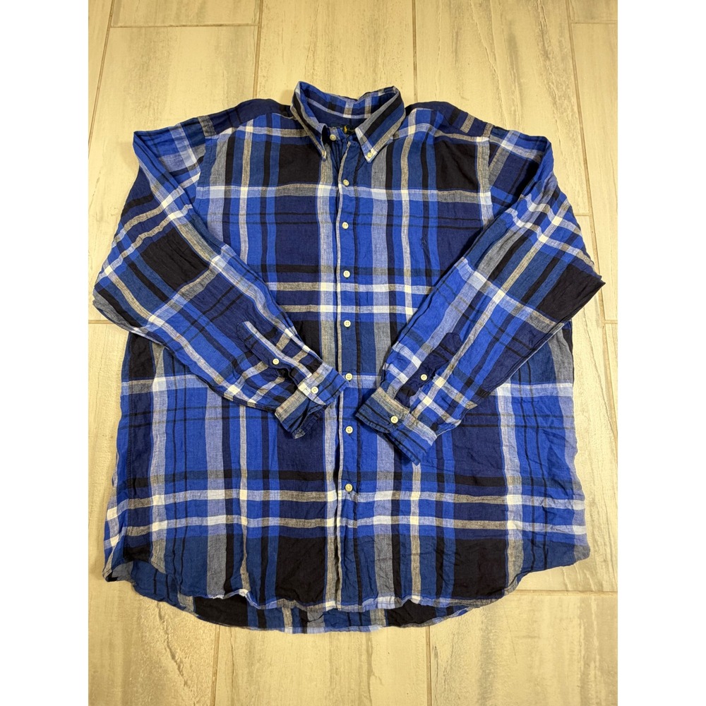 Ralph Lauren Mens 2XLT Blue Plaid 100% Linen Long Sleeve Button Down Shirt
